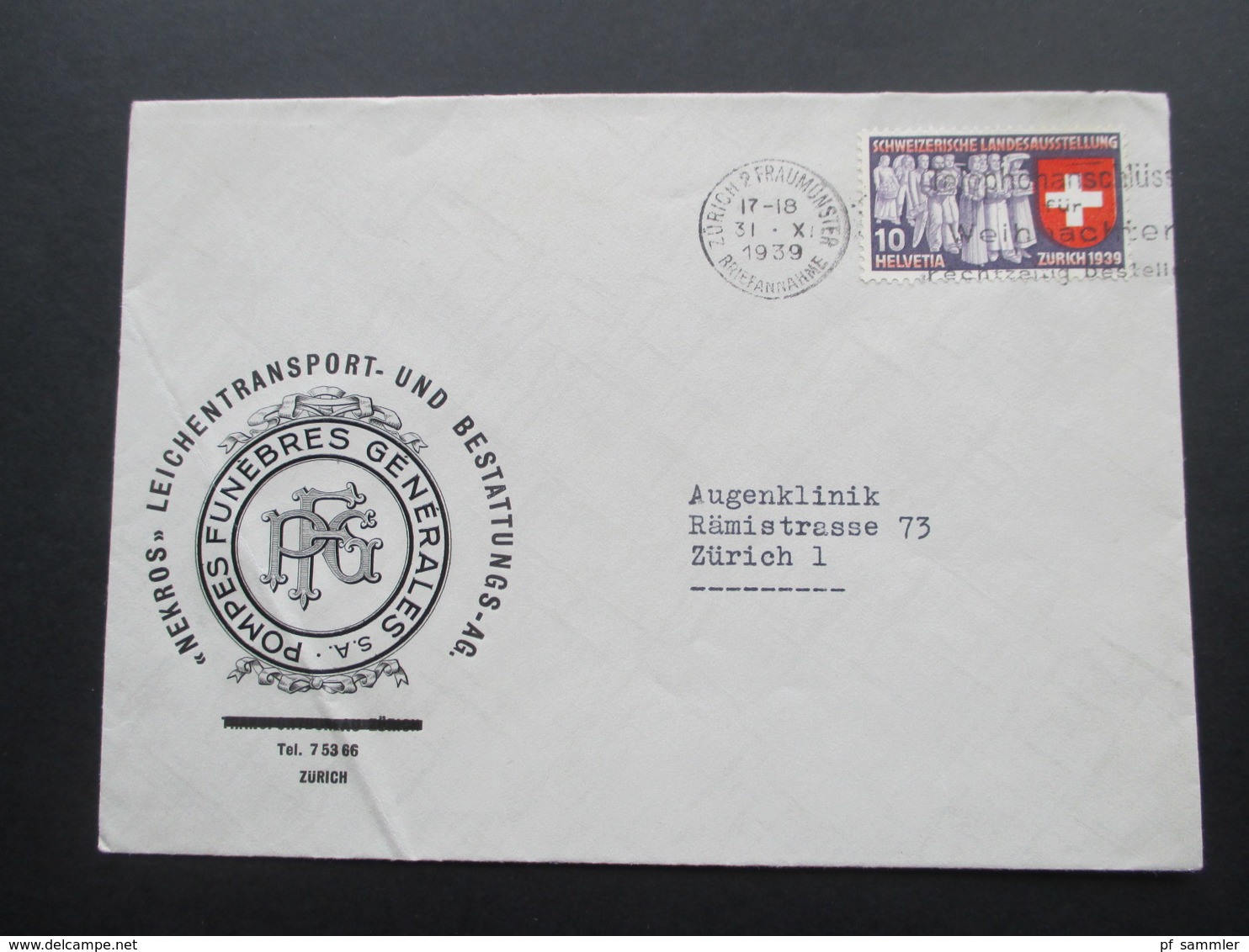 Schweiz Brief 1939 Firmenbrief Nekros Leichentranspor Und Bestattungs AG Pompes Funebres Generales Zürich - Briefe U. Dokumente