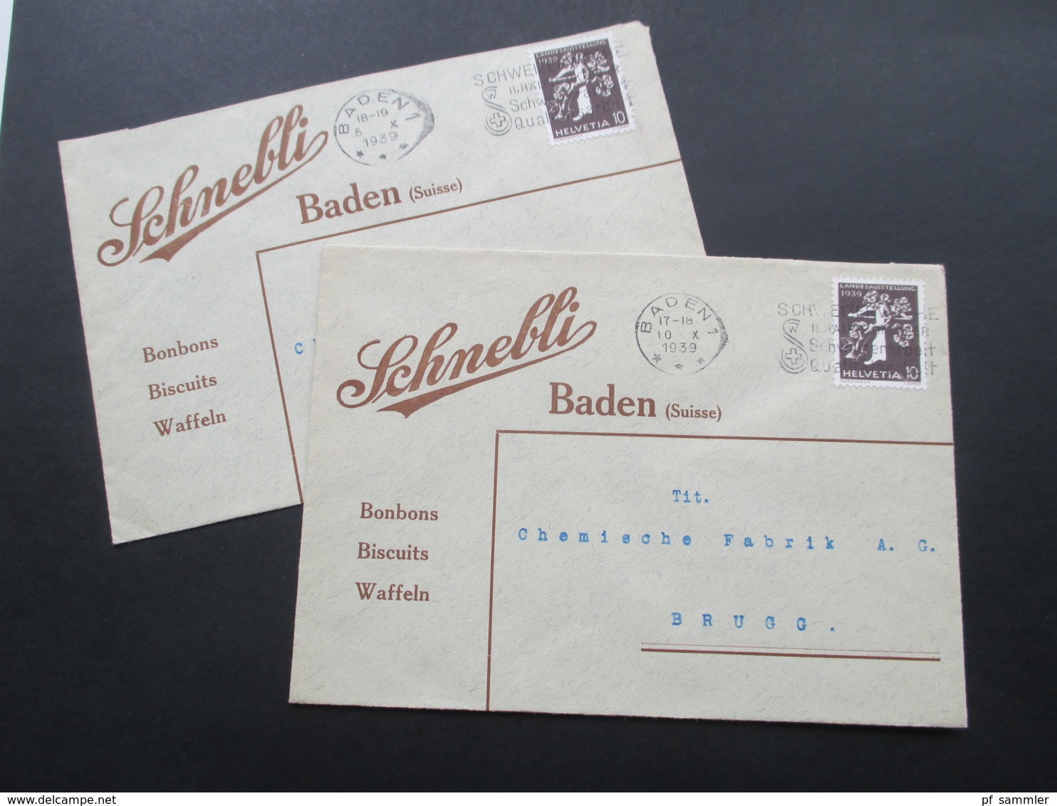 Schweiz Brief 1939 Firmenbrief Schnebli Baden (Suisse9 Bombons, Bscuits, Waffeln. 2 Belege - Briefe U. Dokumente