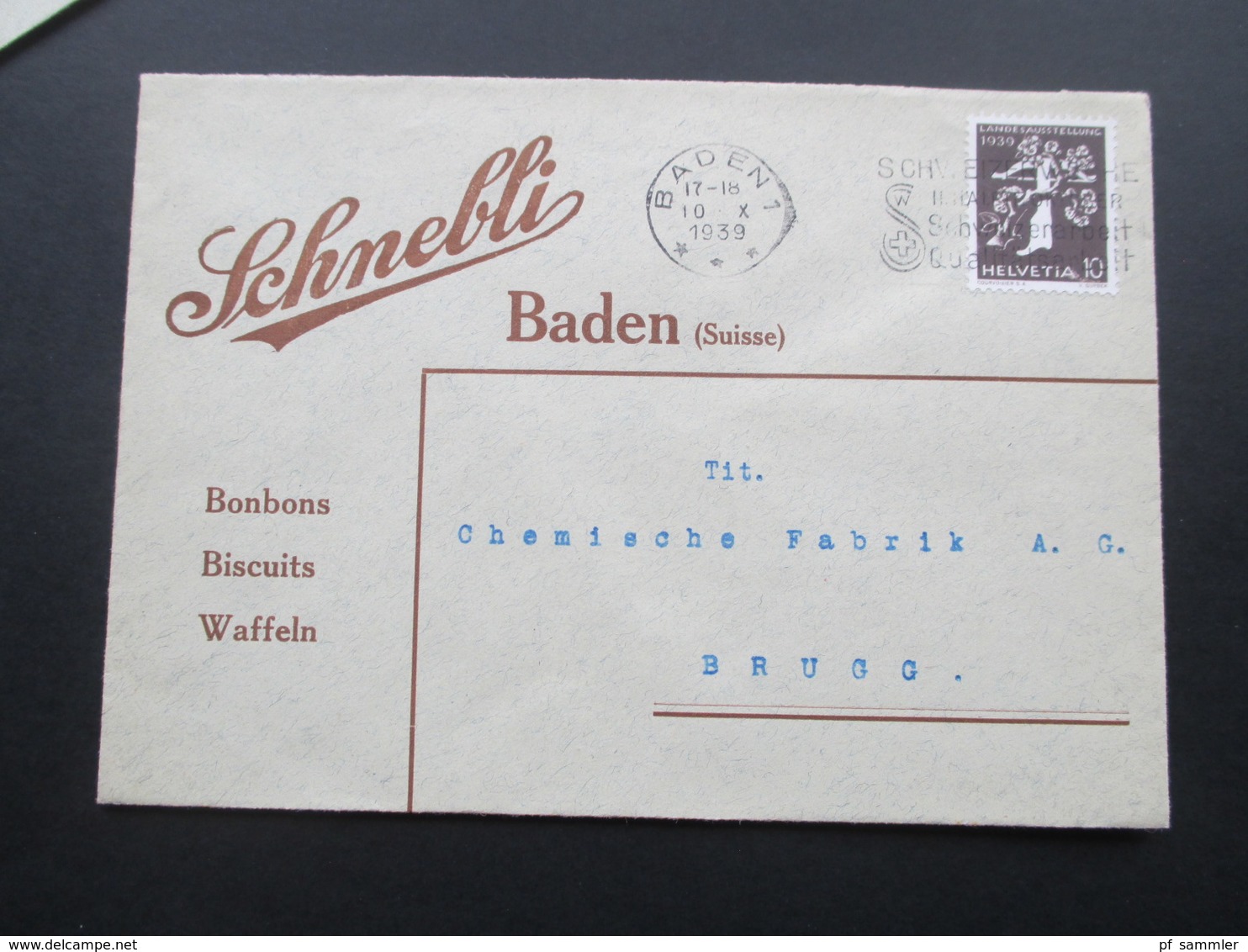 Schweiz Brief 1939 Firmenbrief Schnebli Baden (Suisse9 Bombons, Bscuits, Waffeln. 2 Belege - Cartas & Documentos