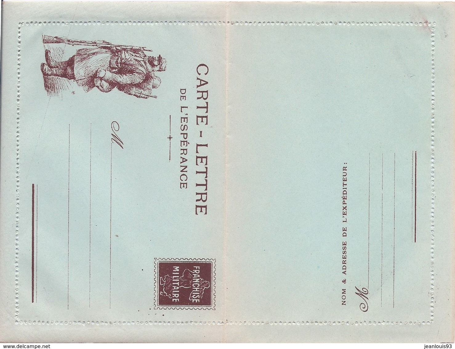 FRANCE - CARTE-LETTRE DE L'ESPERANCE FRANCHISE MILITAIRE COMPLETE AVEC GOMME - Lettres & Documents