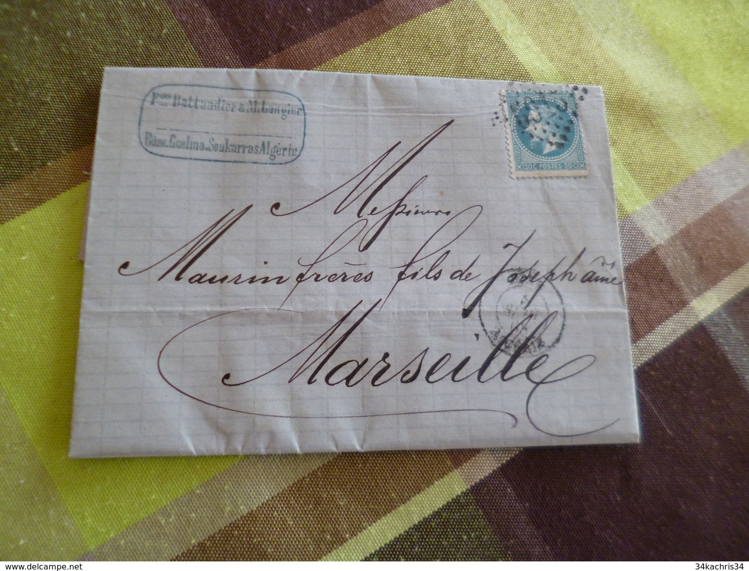 Lettre France Colonie Française Algérie Bône N°22 Sul Sur Lettre Battandier Pour Marseille - 1849-1876: Période Classique
