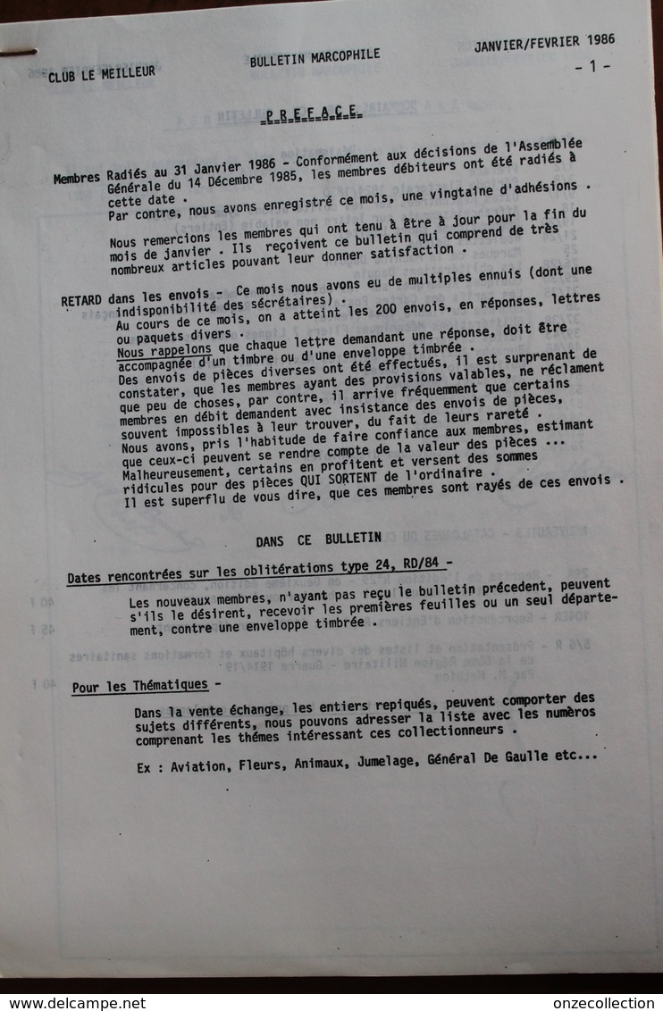 CLUB  LE  MEILLEUR   JANVIER  /  FEVRIER  1986     BULLETIN   MARCOPHILE    76  PAGES            6  PHOTOS - Cancellations