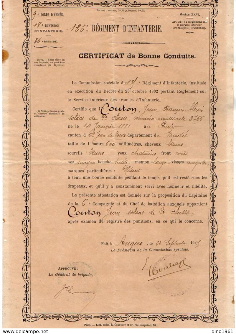 VP11.916 - MILITARIA - 1905 - ANGERS - Certificat De Bonne Conduite COUTON Au 135 ème Rgt D'Infanterie - Documenti