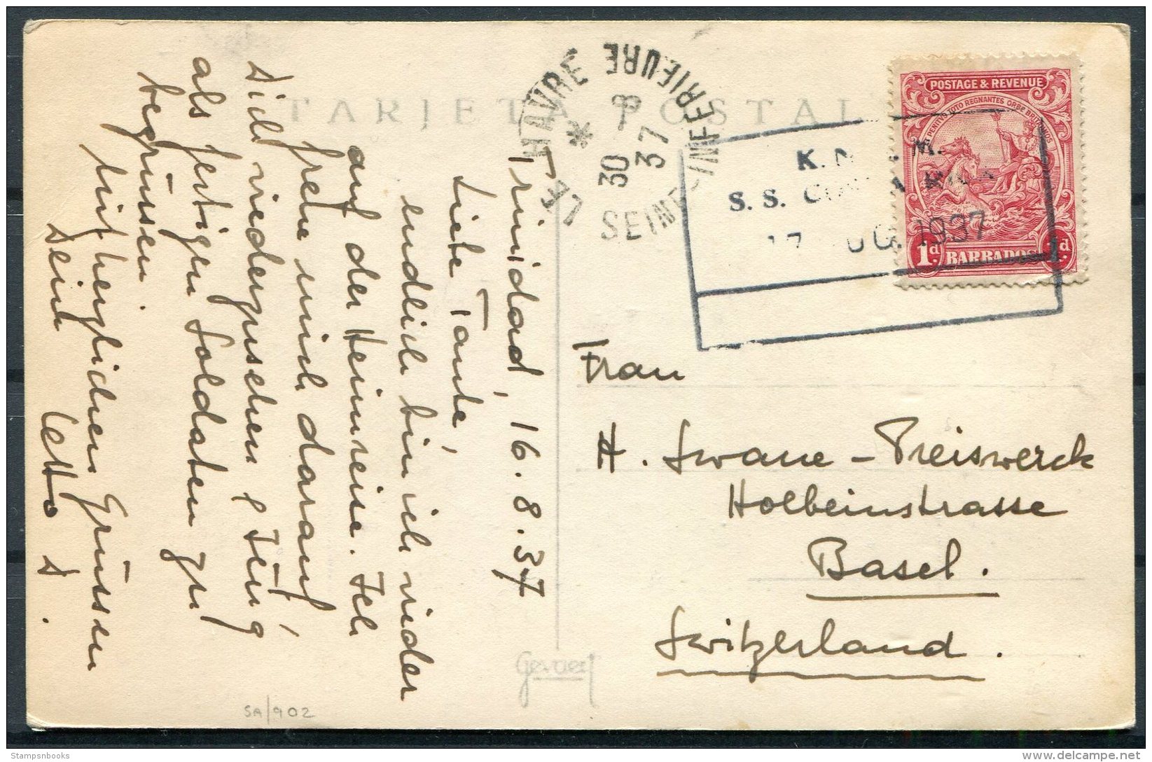 1937 Argentina, Buenos Aires, Plaza De La Republica RP Postcard - Basel, Switzerland. Barbados Trinidad Ship, Le Havre - Covers & Documents