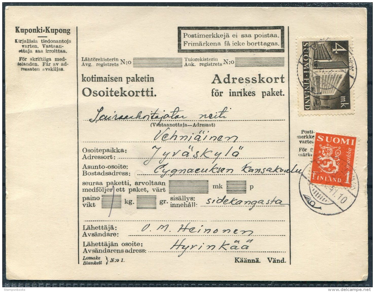 1941 Finland Adresskort Parcelcard Jyvaskyla - Covers & Documents