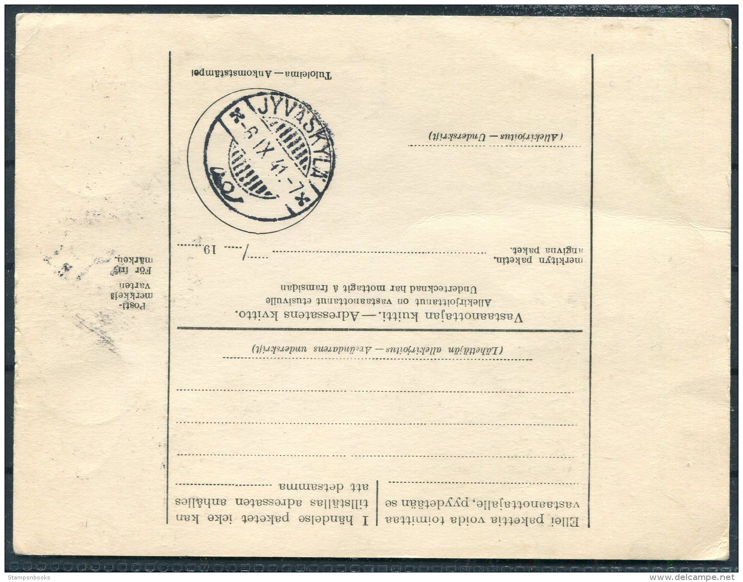 1941 Finland Adresskort Parcelcard Jyvaskyla - Covers & Documents