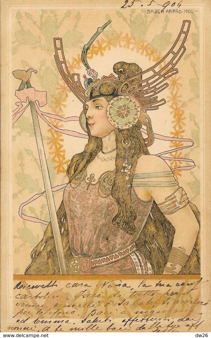 Illustration Basch Arpad: Tumblr, Femme Guerrière - Art Nouveau - Carte Dos Simple 1900 - Other & Unclassified