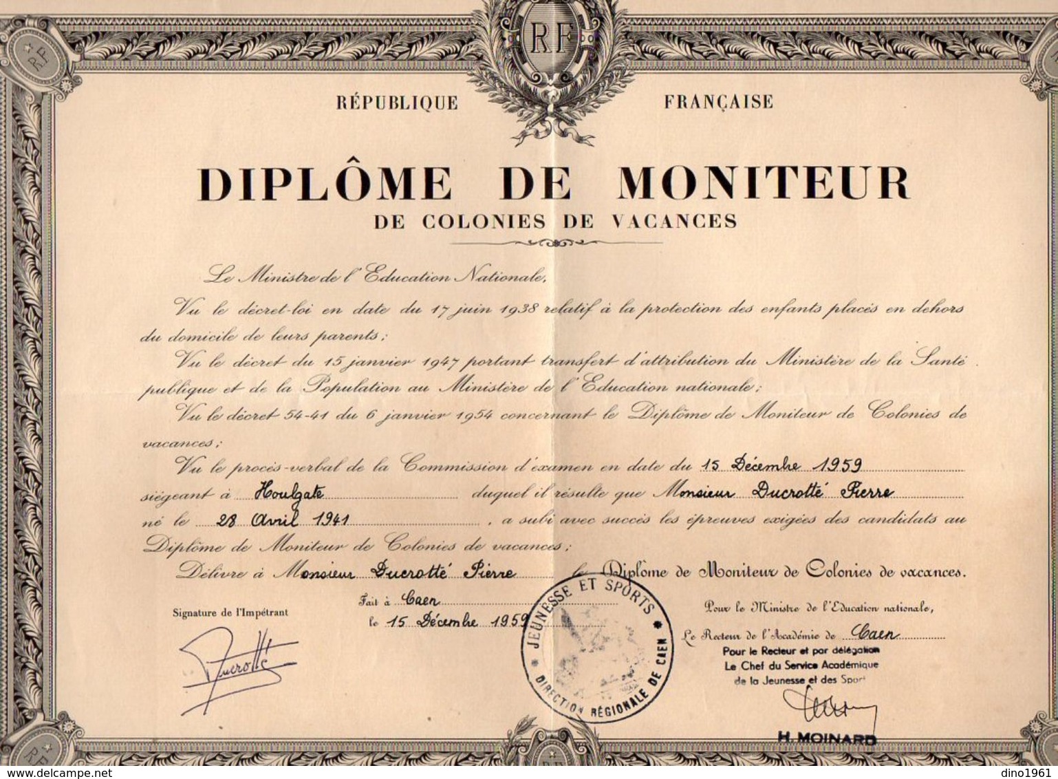 VP11.918 - 1959 - HOULGATE X CAEN - Diplôme De Moniteur De Colonies De Vacances Mr P. DUCROTTE - Diplomi E Pagelle