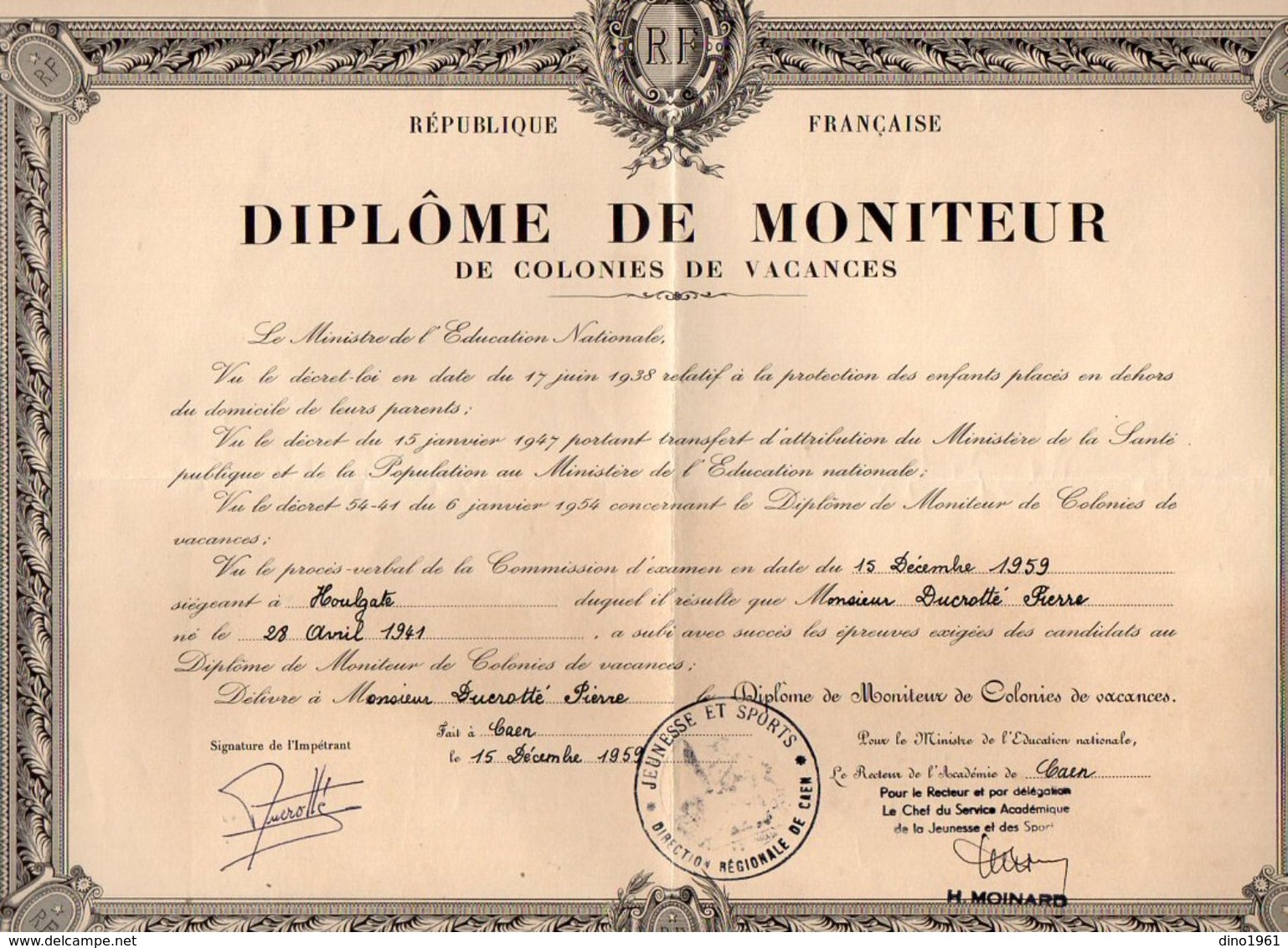 VP11.918 - 1959 - HOULGATE X CAEN - Diplôme De Moniteur De Colonies De Vacances Mr P. DUCROTTE - Diploma & School Reports