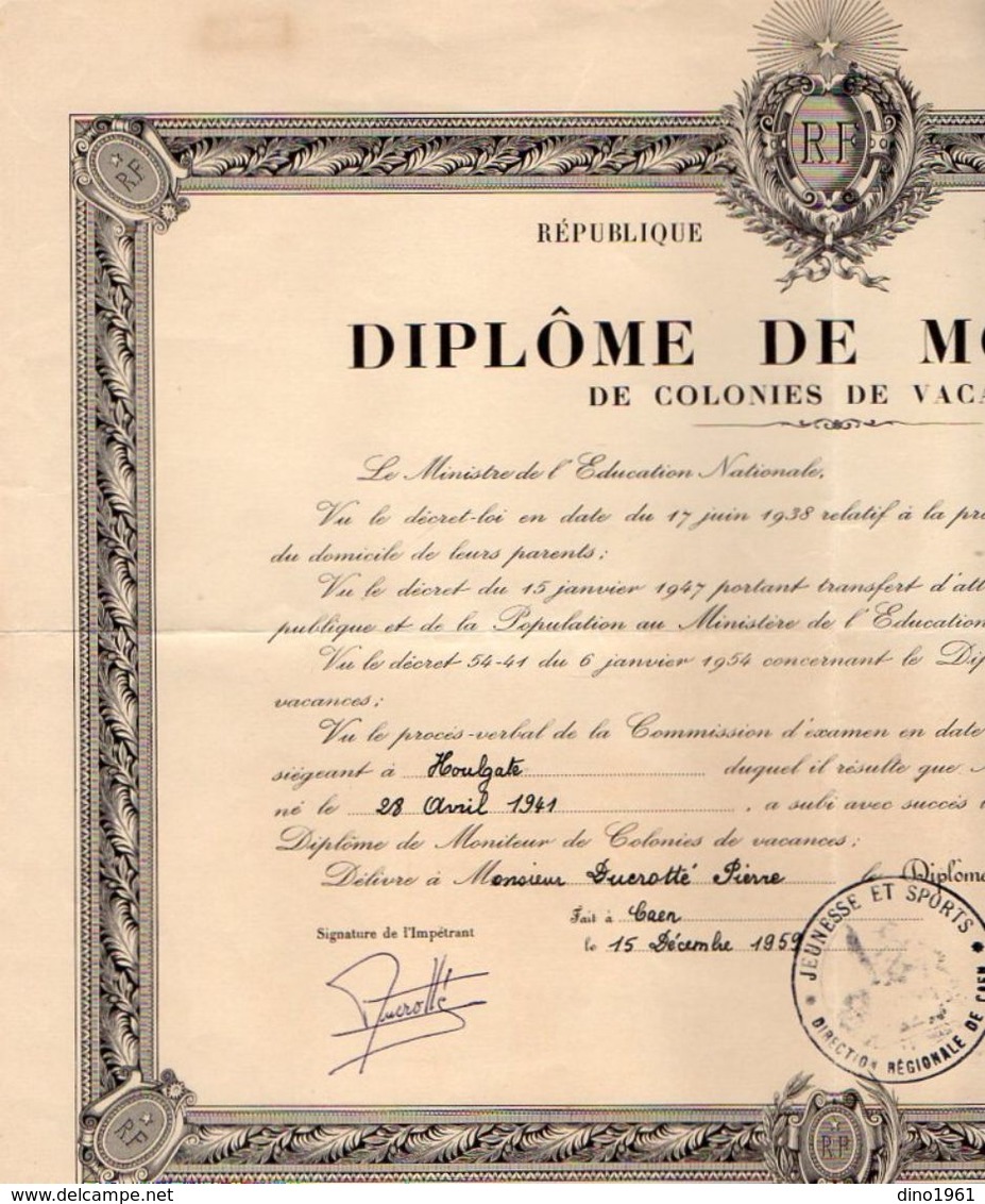 VP11.918 - 1959 - HOULGATE X CAEN - Diplôme De Moniteur De Colonies De Vacances Mr P. DUCROTTE - Diploma & School Reports