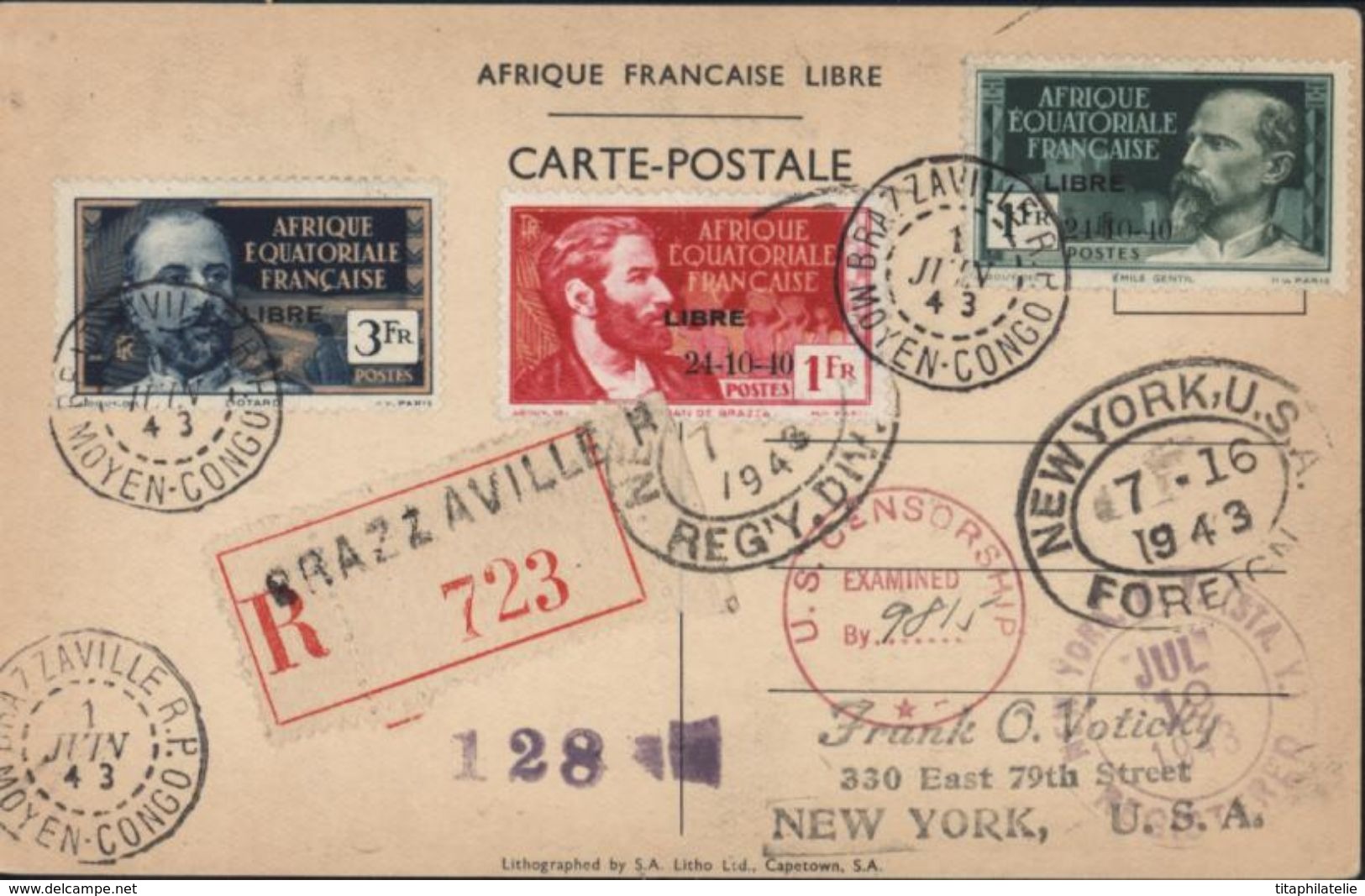 Guerre 39 CP Pour Arrivée Général De Gaulle Brazzaville YT 140 C AEF Libre YT 124 140B Vendu à L'unité Recommandée USA - Guerre De 1939-45