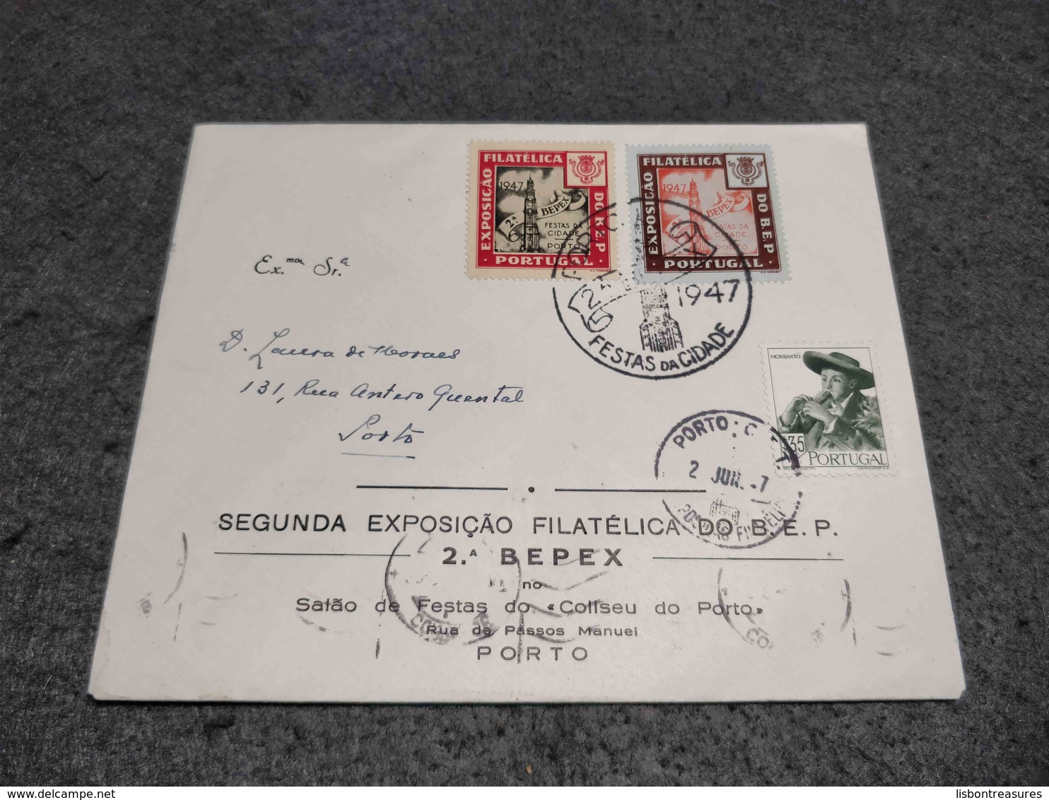 RARE PORTUGAL CIRCULATED CARD BEPEX FESTAS DA CIDADE PORTO W/ 2 CINDERELLAS 1947 - Storia Postale