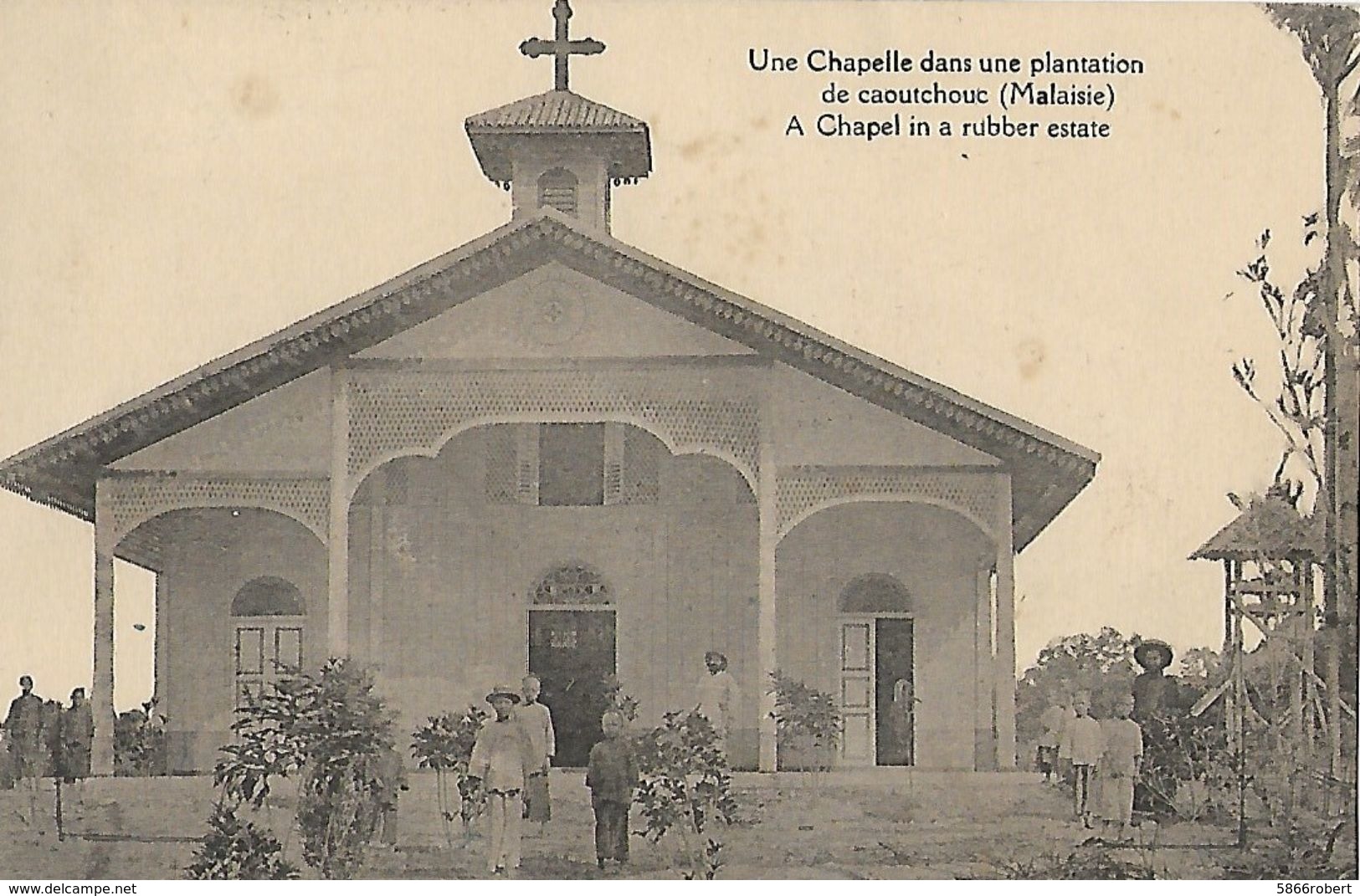 CARTE POSTALE ORIGINALE ANCIENNE : MALAISIE UNE CHAPELLE DANS UNE PLANTATION DE CAOUTCHOUC ANIMEE ASIE - Malasia