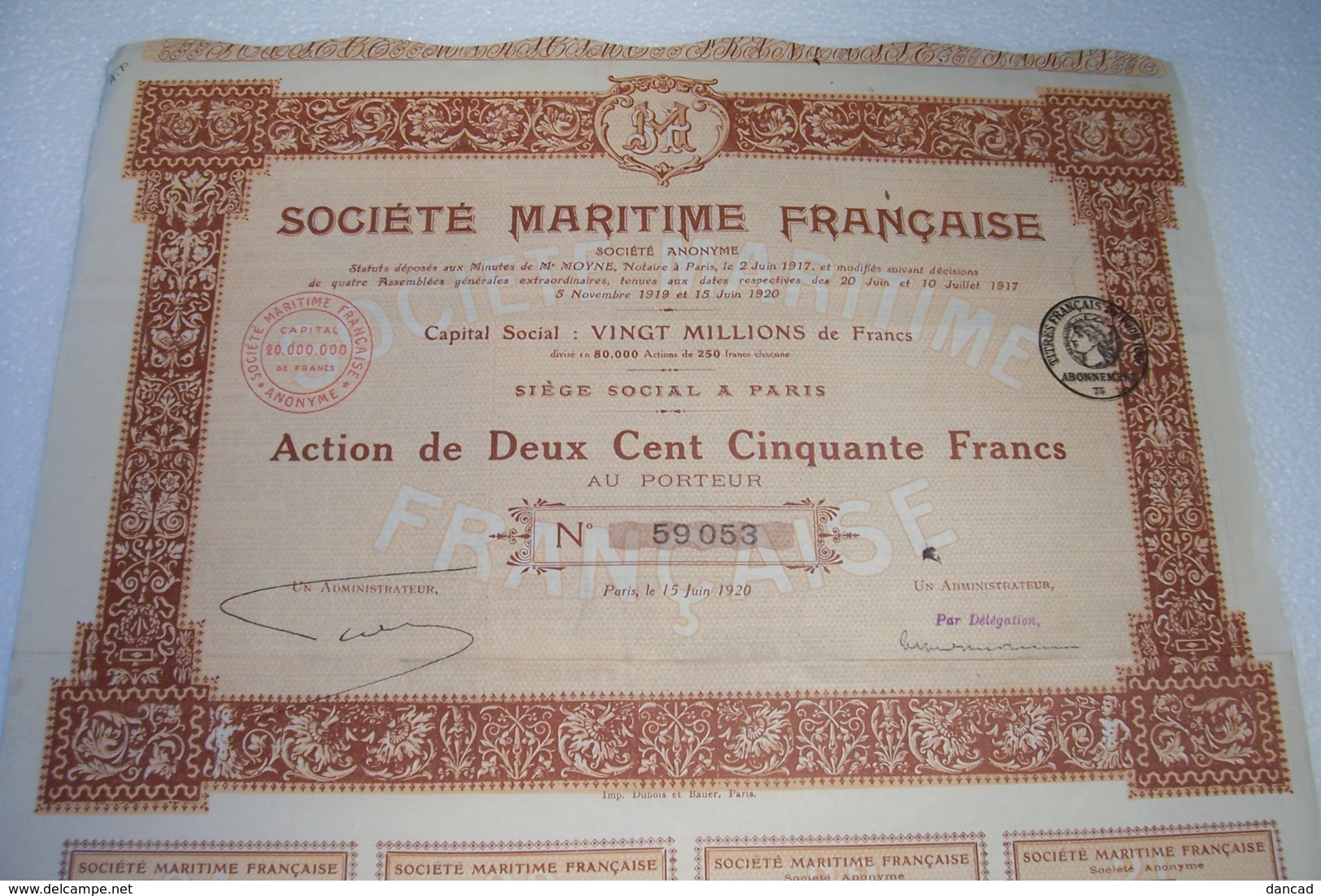 SOCIETE  MARITIME   FRANCAISE  -   ACTION DE DEUX CENT CINQUANTE FRANCS AU PORTEUR   ( N° 59053 ) 1920 - Navigation