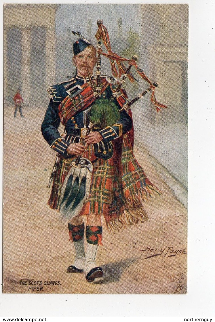 THE SCOTS GUARDS, Bag Piper, UK Military Unit, Tartan, Pre-1920 Postcard S/A Harry Payne - Régiments