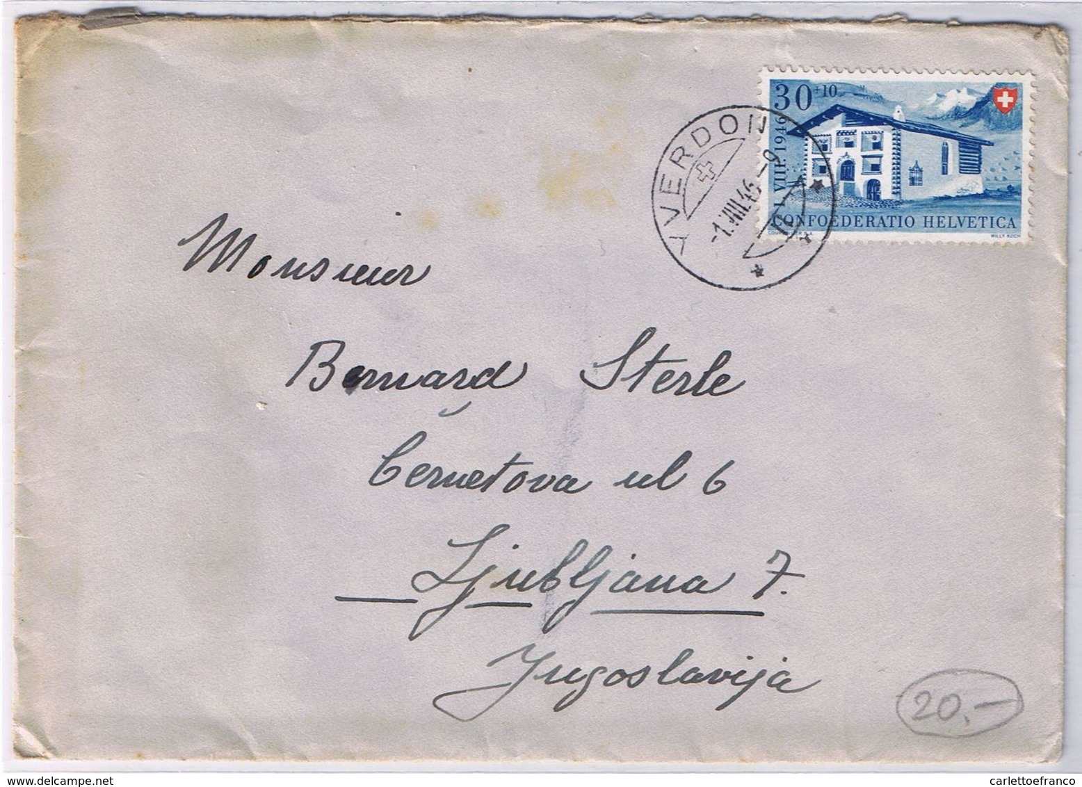 Busta Svizzera ( Yverdon) -> Yugoslavija ( Ljubljana )  Viaggiata 1946 - Storia Postale