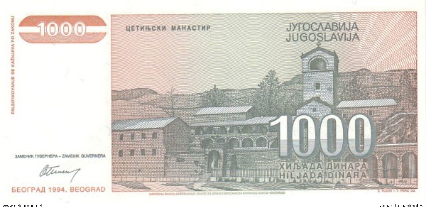 YUGOSLAVIA 1000 DINARA 1994 P-140a UNC  [YU140a] - Yougoslavie