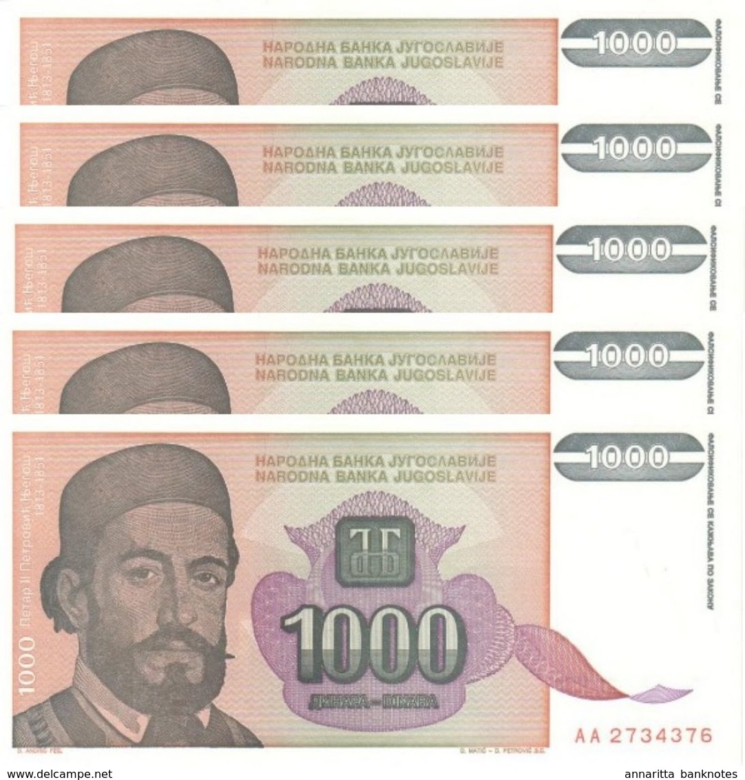 YUGOSLAVIA 1000 DINARA 1994 P-140a UNC 5 PCS  [YU140a] - Yugoslavia