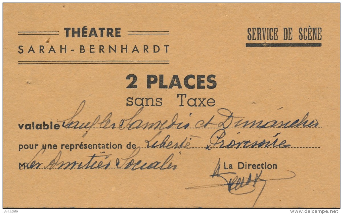 Ancien Ticket De Théâtre Entrée Gratuite Théâtre Sarah Bernhardt Paris - Toegangskaarten