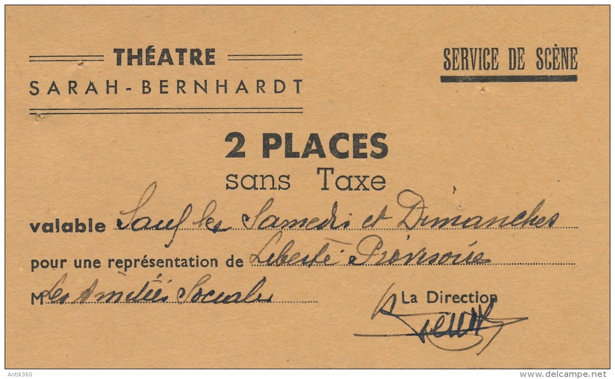 Ancien Ticket De Théâtre Entrée Gratuite Théâtre Sarah Bernhardt Paris - Tickets - Vouchers