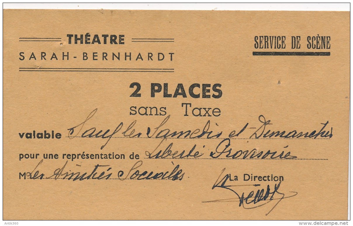 Ancien Ticket De Théâtre Entrée Gratuite Théâtre Sarah Bernhardt Paris - Toegangskaarten