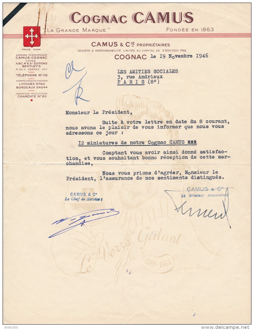 Ancien Courrier Cognac CAMUS à Cognac 1946 - Alimentos