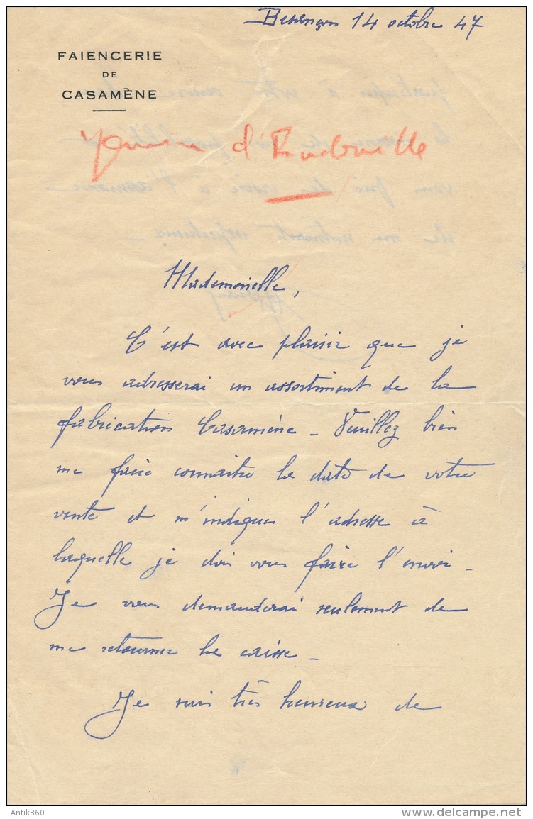 Ancien Courrier 2 Pages Faïencerie De Casamène Besançon 1947 - Old Professions