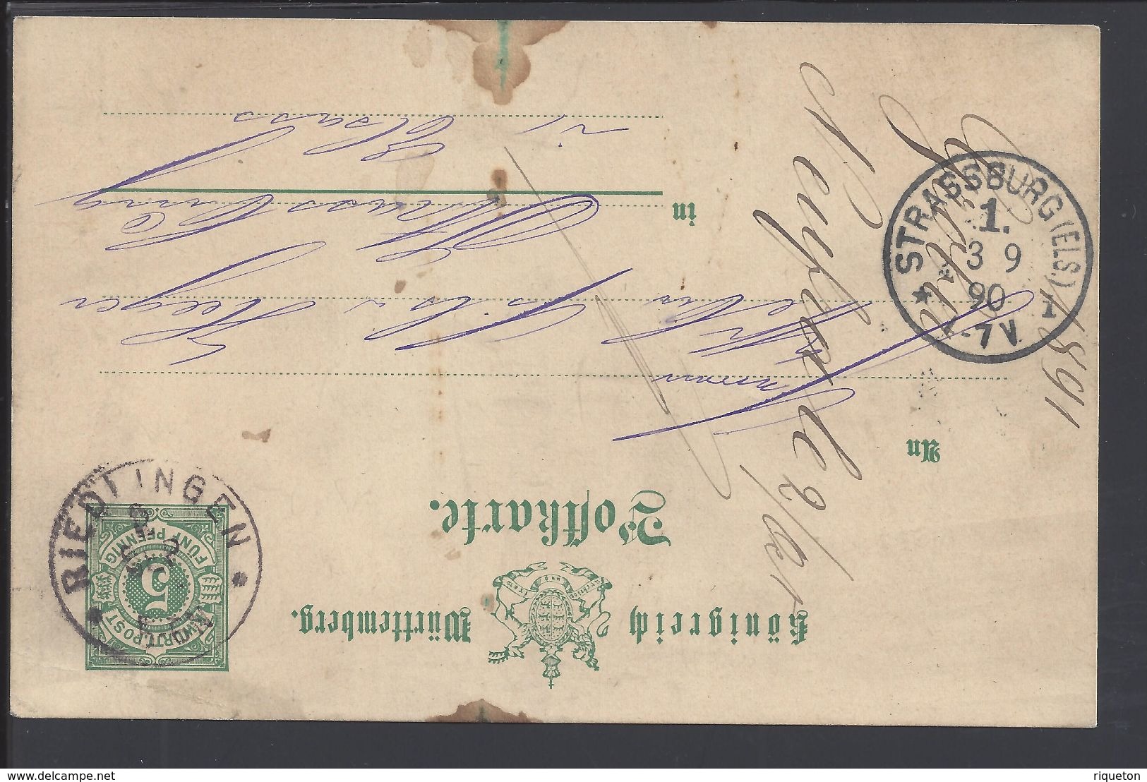 ALLEMAGNE - Entier Postal 5 Pf.  De Riedlingen Pour Strassburg (Alsace Lorraine) B/TB - - Autres & Non Classés