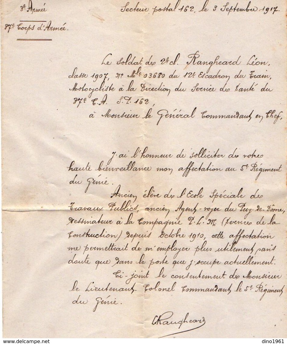 VP11.938 - MILITARIA - Guerre 14 - 18 - Lettre Du Soldat RANGHERARD Du 12ème Escadron Du Train Motocycliste - Documenti