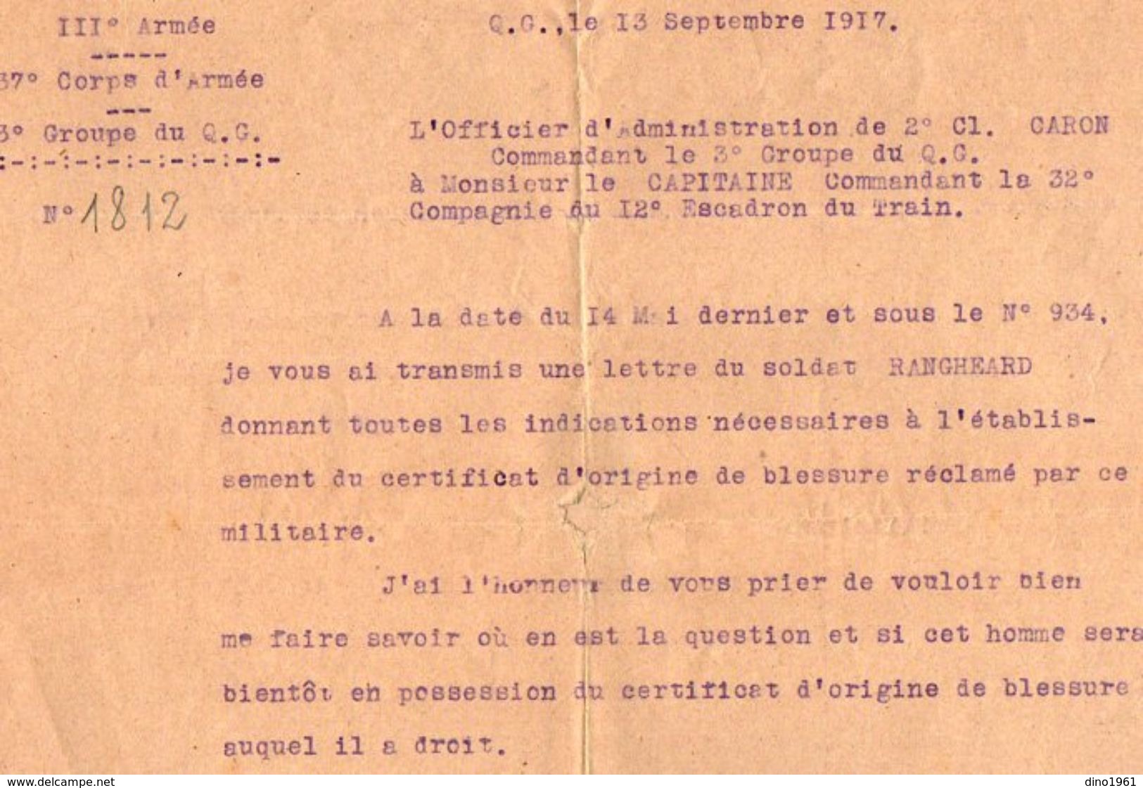 VP11.939 - MILITARIA - Guerre 14 - 18 - Lettre Du Q.G . Officier D'Administration De 2 ème Cl . CARON - Documenti