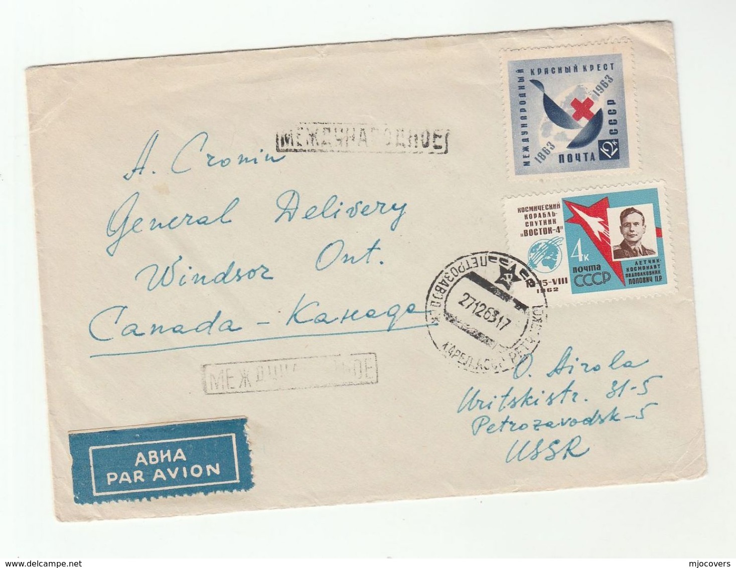 1963 Air Mail RUSSIA COVER Stamps RED CROSS, SPACE  To Canada Airmail Lable - Red Cross