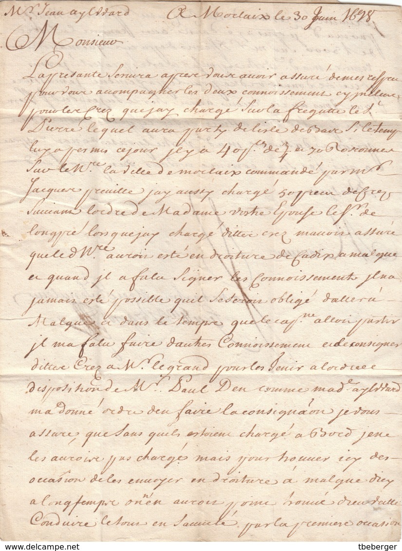France Great Britain 1698 Entire Letter Handwritten "de Morlaix" Not In Lenain, Sent To London, Bishop Mark (q123) - ....-1700: Précurseurs