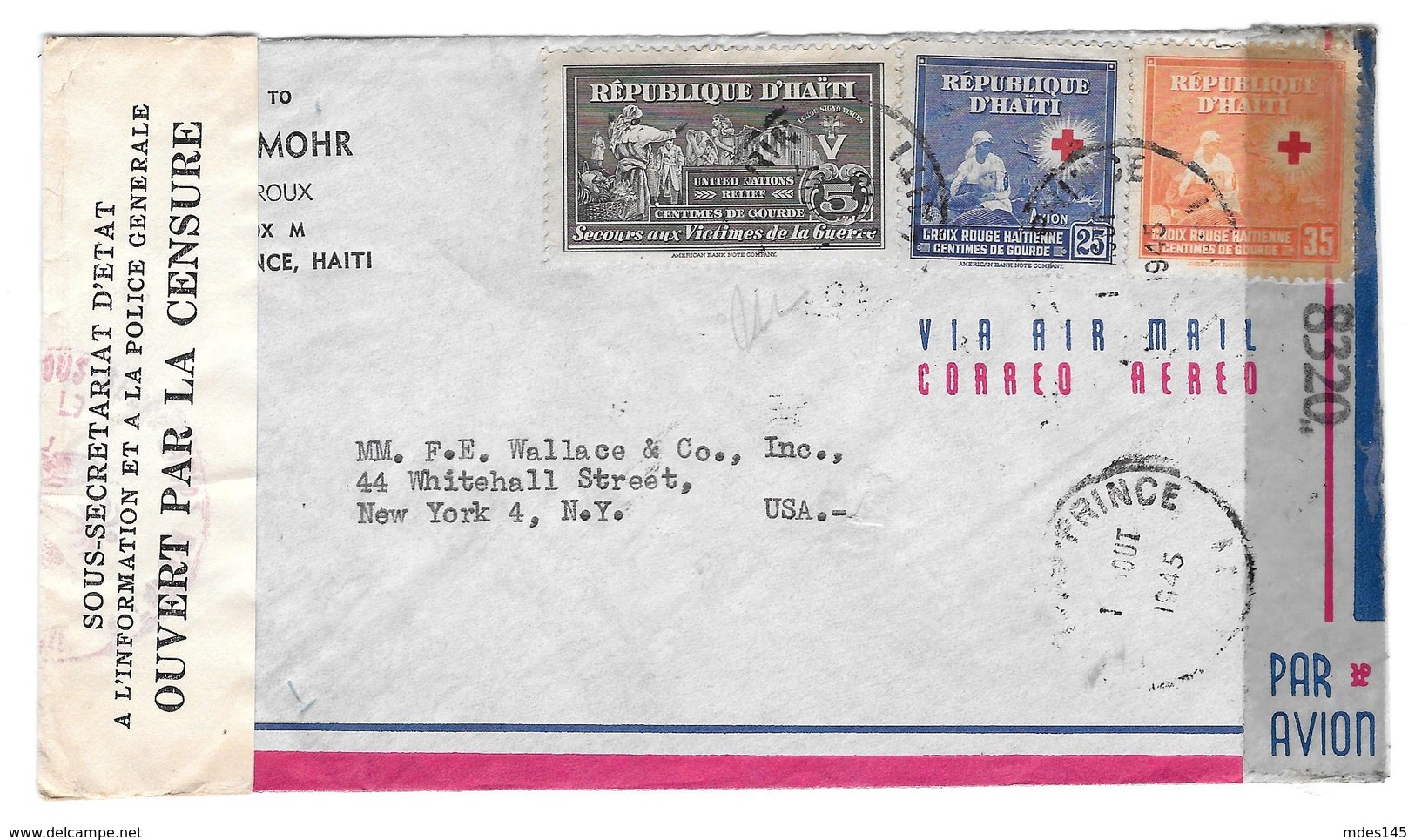 Haiti 1945 Double Censored Air Mail Cover Port Au Prince To US Sc RA4 Postal Tax Stamp 366 C26 - Haiti