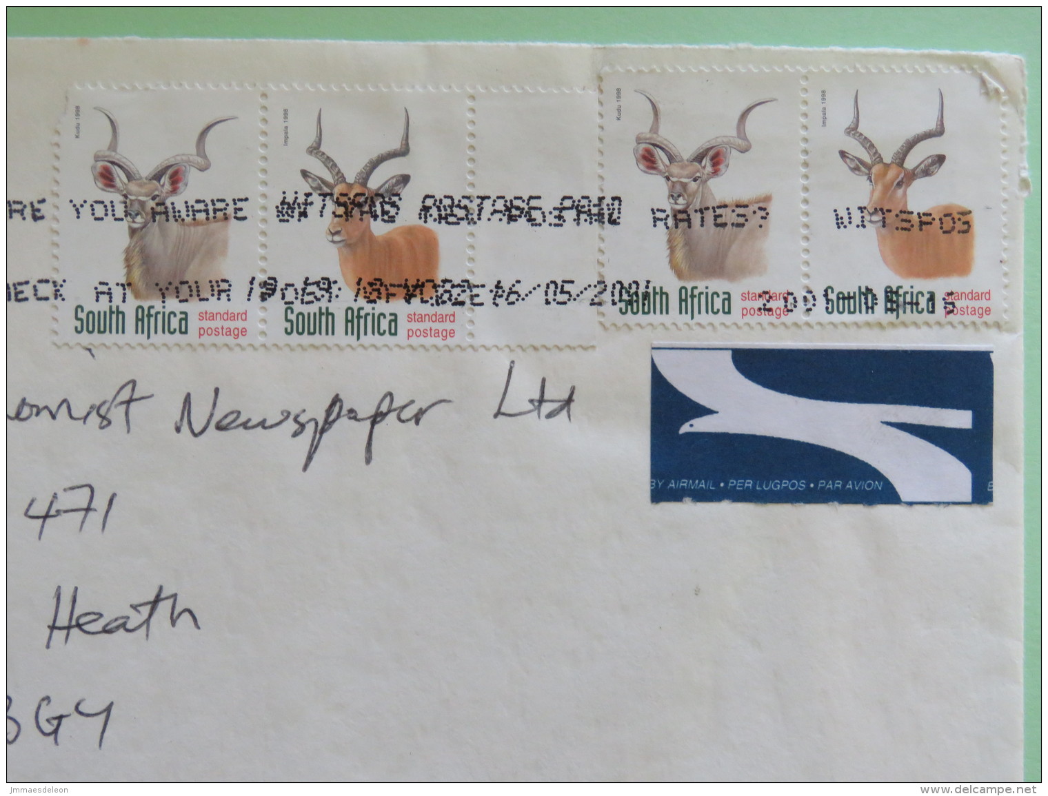 South Africa 2001 Cover To England - Animals Gazelle Kudu - Lettres & Documents