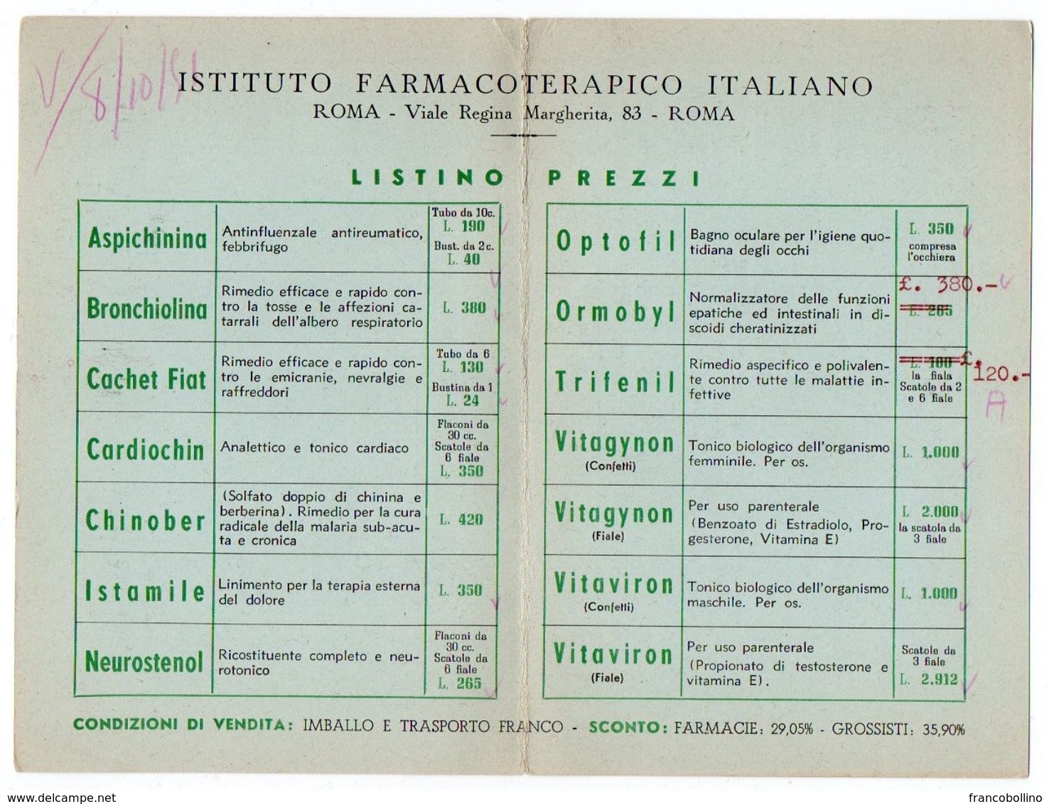 DEAR DOCTOR TYPE PUBL. ISTITUTO FARMACOTERAPICO ITALIANO / BISACCARINA / PHARMACY PRICE LIST - Salute