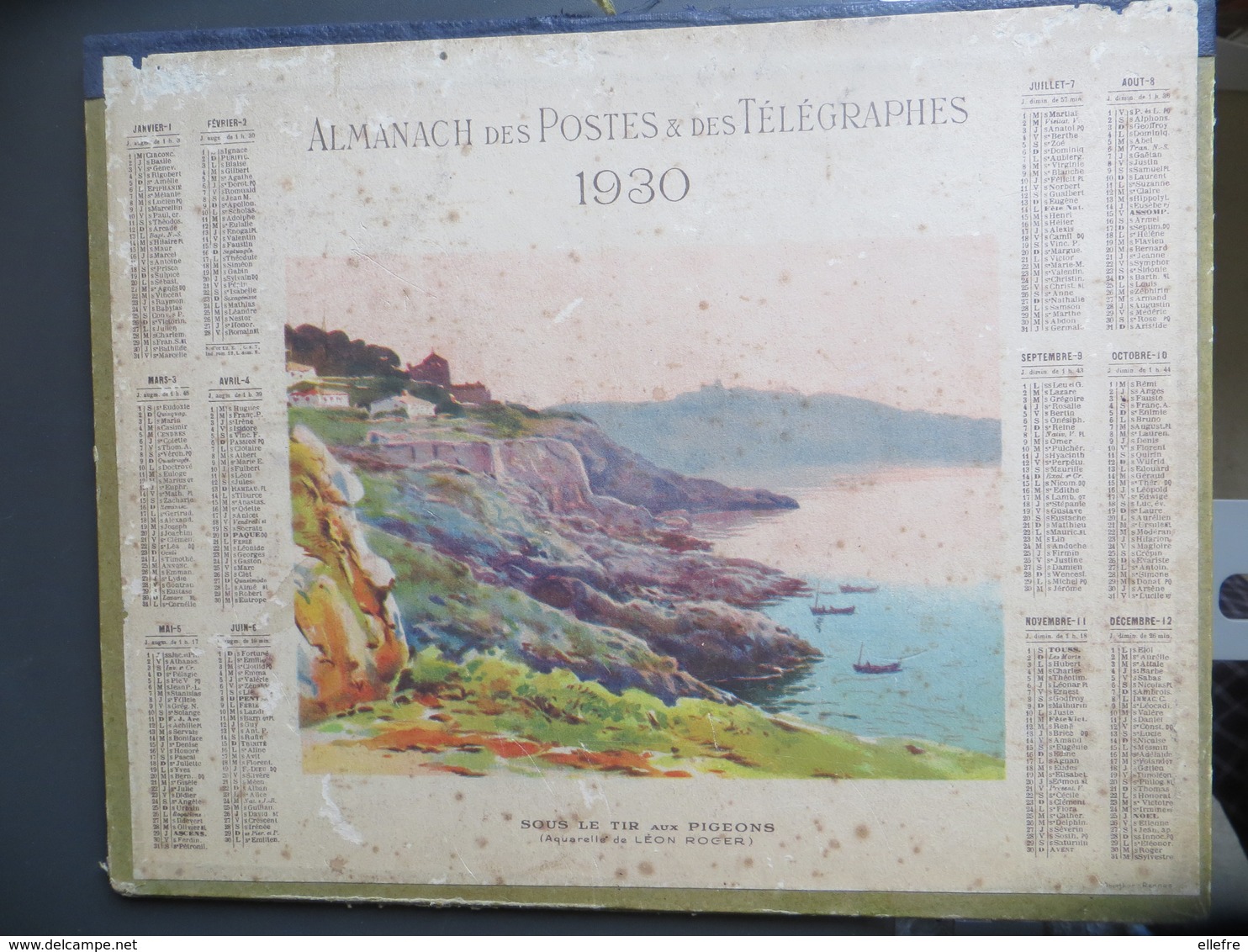 Calendrier Grand Format Almanach Postes Et Télégraphes 1930 Sous Le Tir Aux Pigeons Aquarelle De Léon Roger - Big : 1921-40