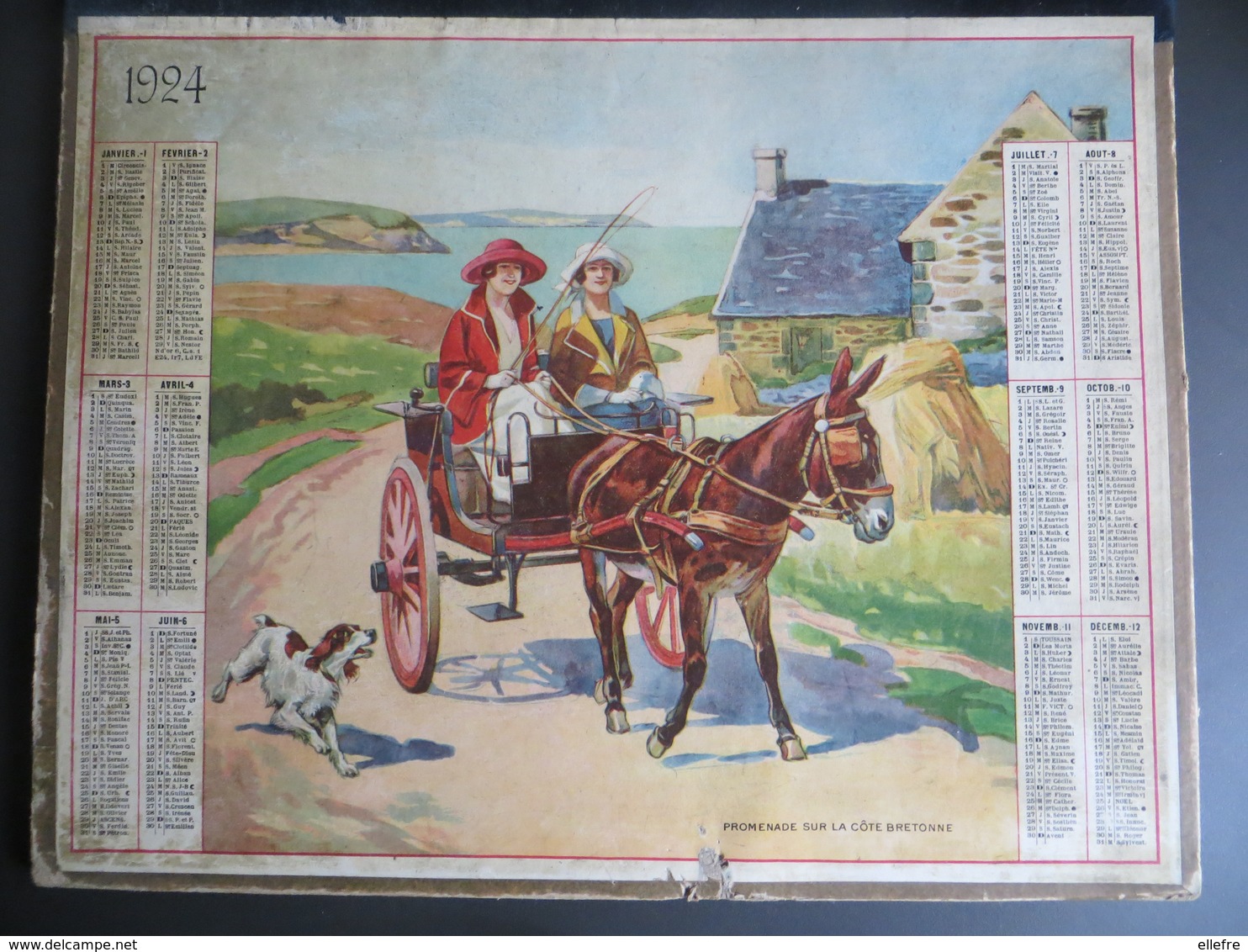 Calendrier Grand Format 1924 Promenade Sur La Côte Bretonne Attelage Ane Femme Chien - Big : 1921-40