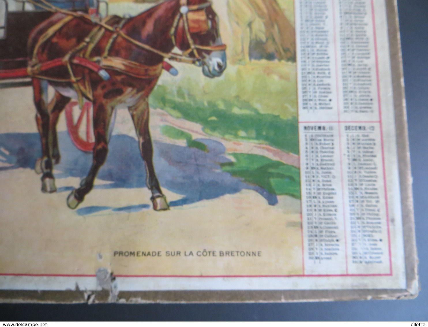 Calendrier grand format 1924 Promenade sur la côte bretonne attelage ane femme chien