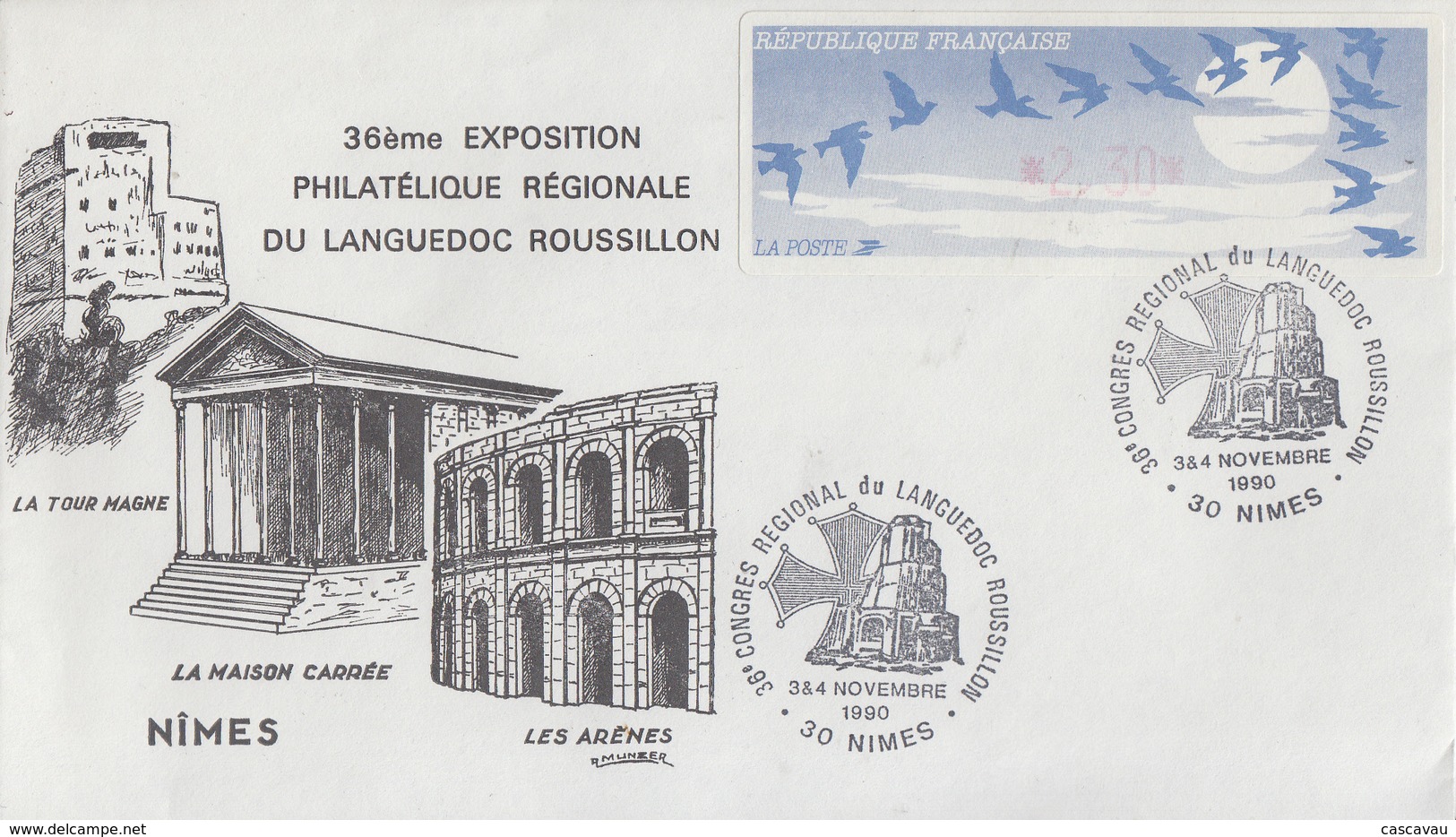 Enveloppe  FDC  Vignette  LISA   Congrés  Régional  Du  LANGUEDOC  ROUSSILLON   NIMES  1990 - 1990 « Oiseaux De Jubert »