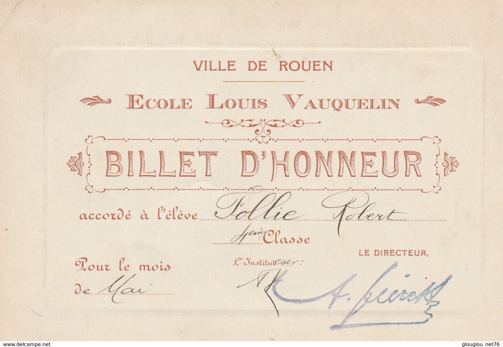 BILLET D'HONNEUR ACCORDE A L'ELEVE...VILLE DE ROUEN  ECOLE VAUQUELIN - Diplômes & Bulletins Scolaires