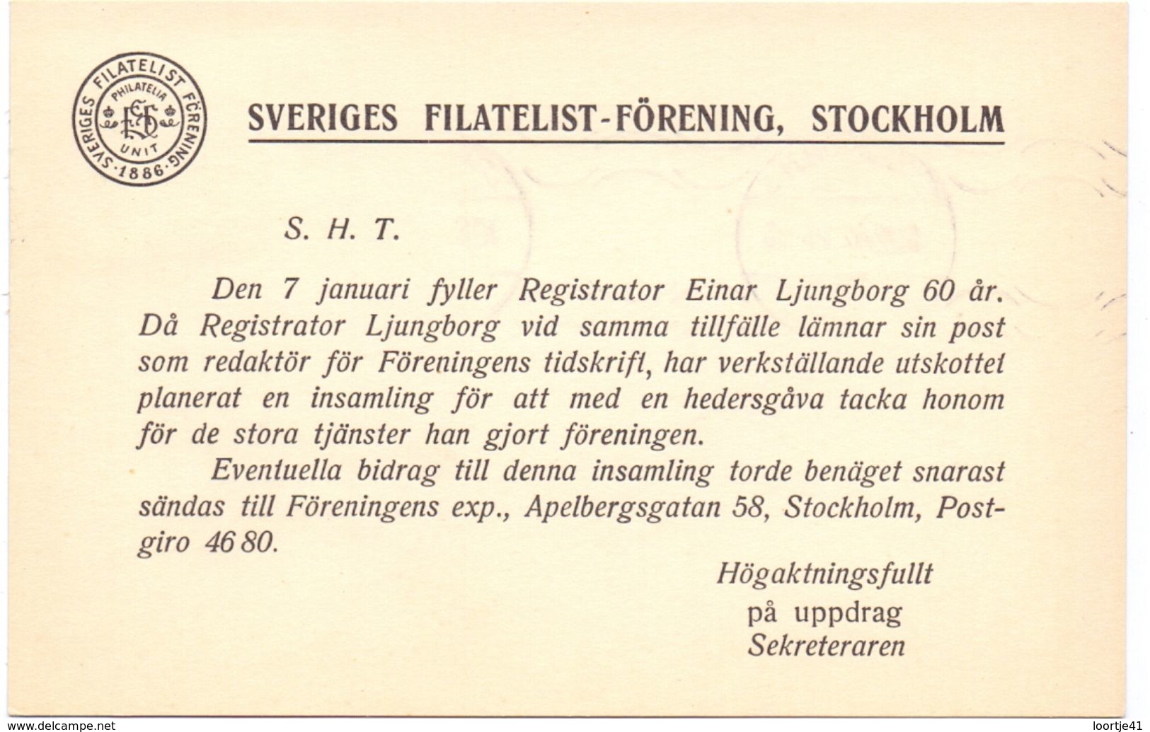 Briefkaart Carte Lettre Brevkort - Sveriges Filatelist  Stockholm - Till Hagfors Sverige Suède Zweden 1942 - Postal Stationery