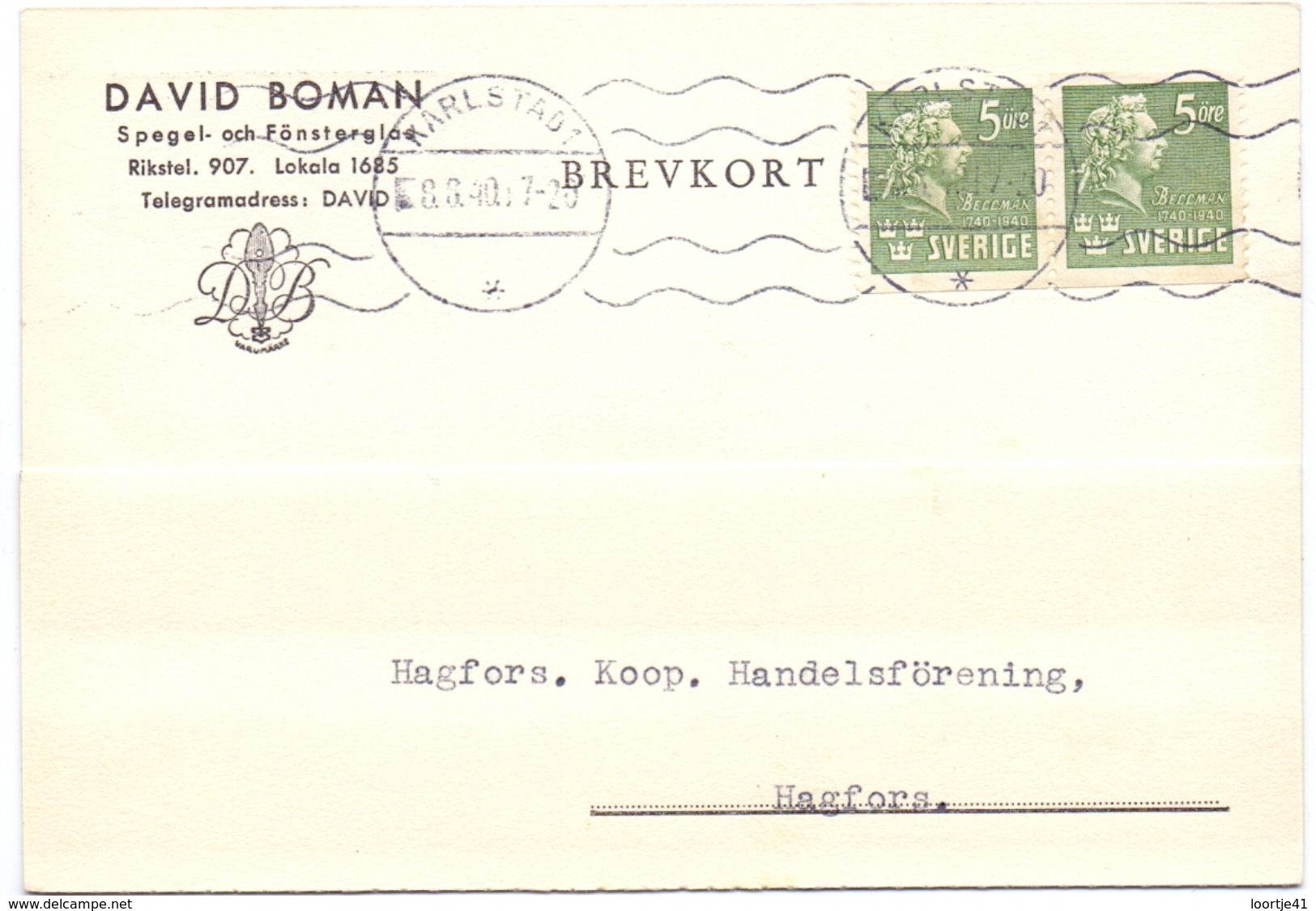 Briefkaart Carte Lettre Brevkort Trycksak - David Boman Karlstad  Till Hagfors Sverige Suède Zweden 1940 - Entiers Postaux