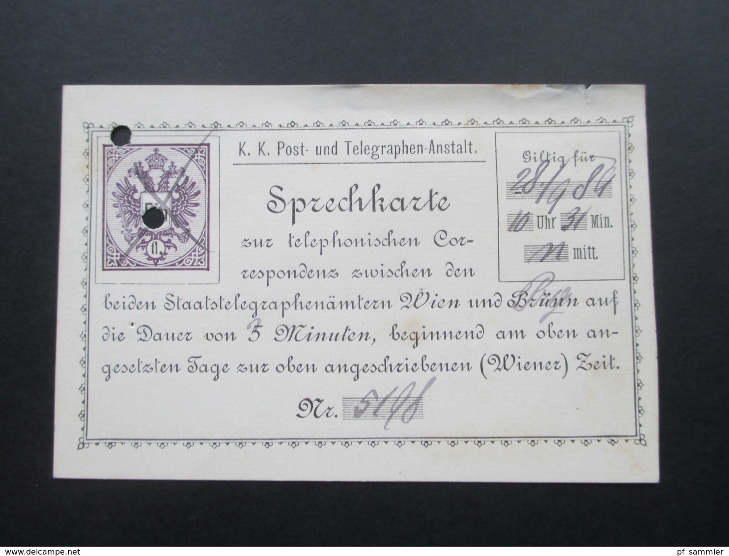 Österreich Ganzsache 1889 Sprechkarte Zur Telephonischen Correspondenz Zwischen Wien Und Prag! Gelocht! - Briefe U. Dokumente