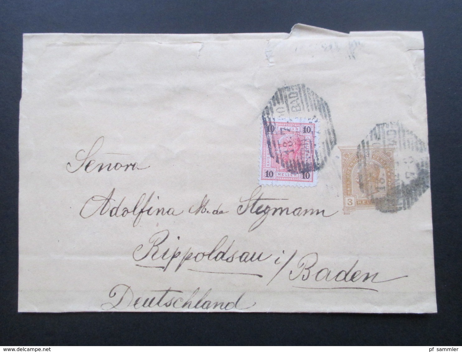 Österreich Ganzsache 1900 Streifband 3 Heller Mit 10 Heller Zusatzfrankatur Nach Rippoldsau In Baden - Briefe U. Dokumente