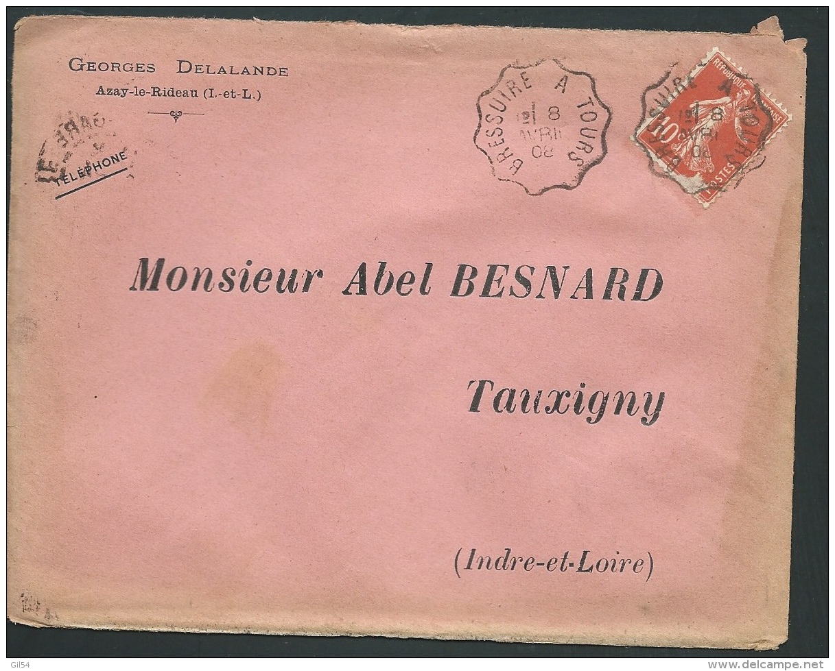 LsC ,  1908, Oblitération Ambulant Bressuire à Tours  , Envoi De Azay Le Rideau     - AX 13104 - Railway Post