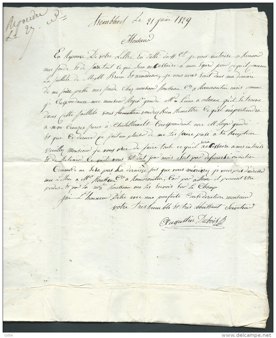 Lettre De DE Tremblevy ( Ancien Nom De Saint Viatre) Près Romorantin Pour Chatellerault En 1829  AX 13108 - 1801-1848: Précurseurs XIX