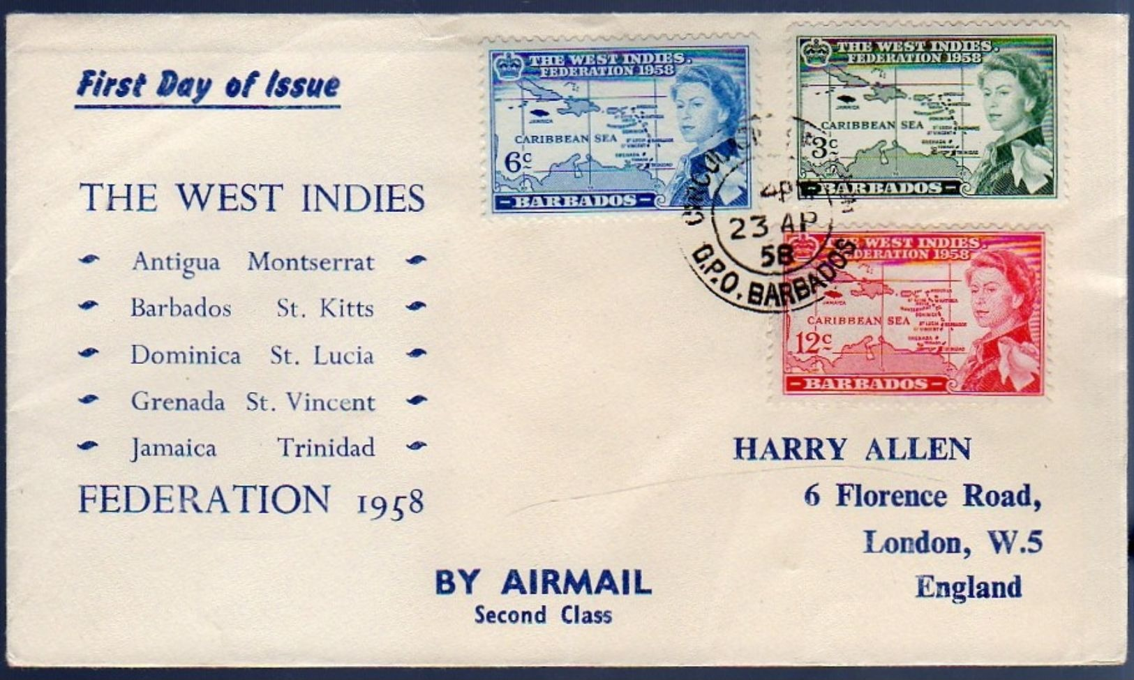 West Indies Antigua 1958 Scarce Early FDC Cancel BARBADOS (204) - Barbados (...-1966)