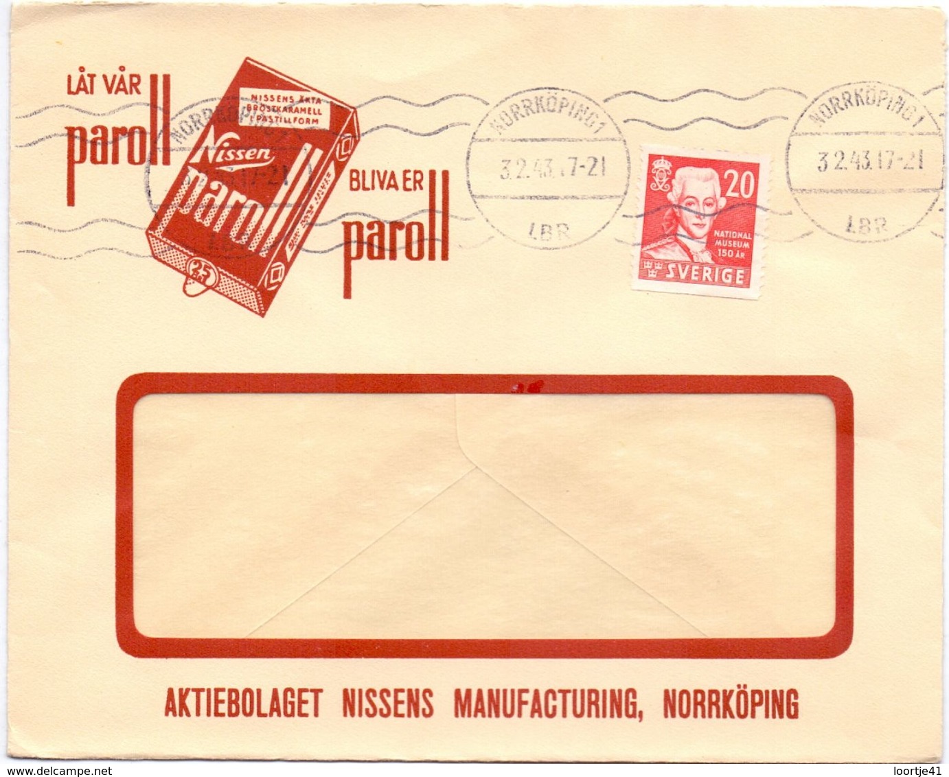 Enveloppe Kuvert - Pub Reklam Nissens Paroll Norrköpping  - Till Hagfors Sverige Suède Zweden 1943 - Autres & Non Classés