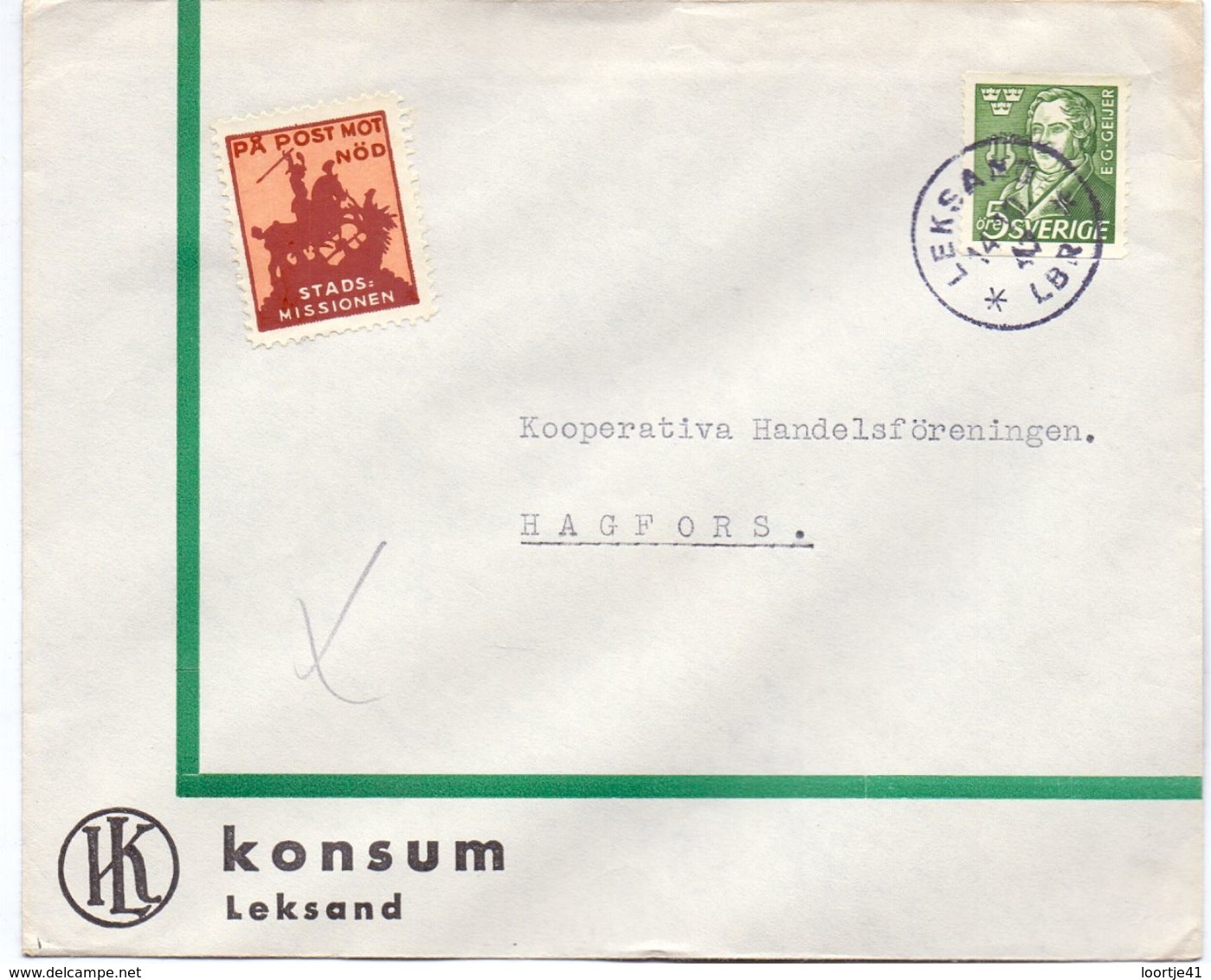 Enveloppe Kuvert  - Pub Reklam Konsum Leksand- Till Hagfors Sverige Suède Zweden 1947 - Autres & Non Classés