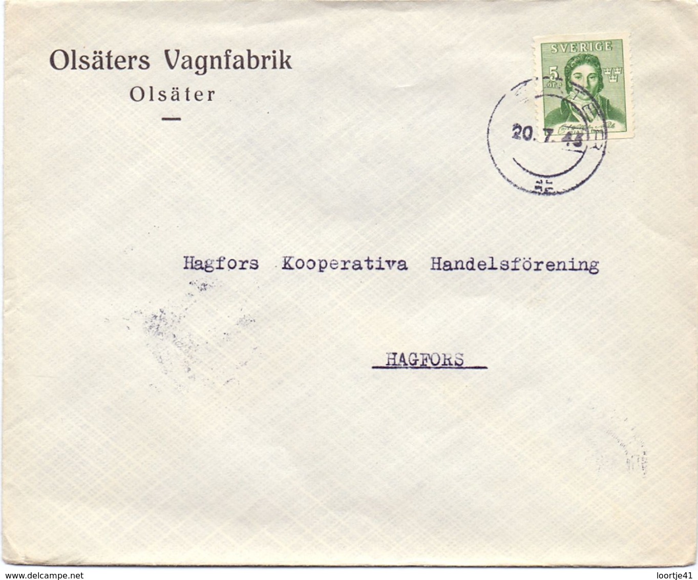 Enveloppe Kuvert  - Pub Reklam Olsäters Vagnfabrik - Olsäter - Till Hagfors Sverige Suède Zweden 1943 - Autres & Non Classés